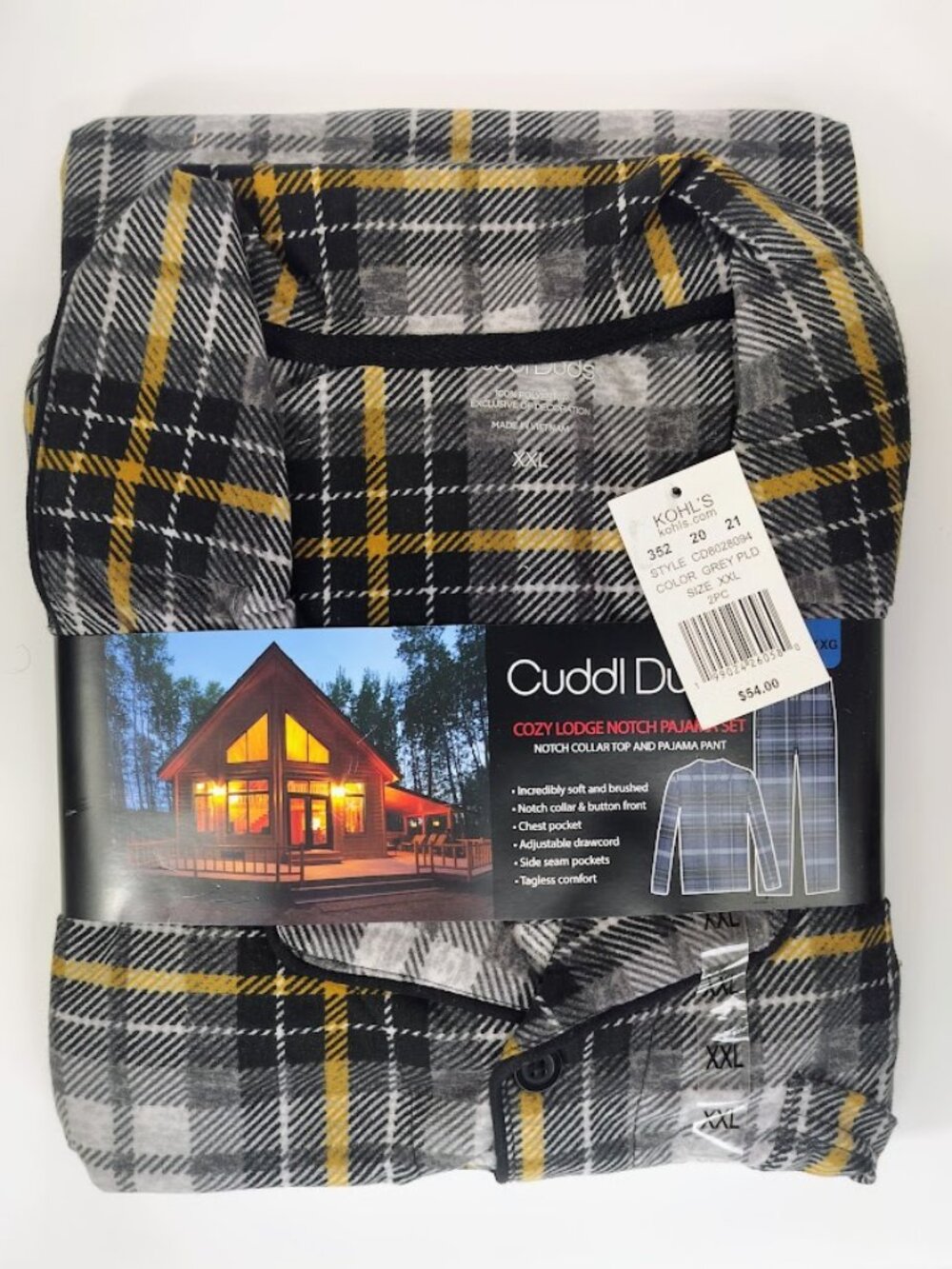 Cuddl Duds Cozy Lodge Notch Collar Pajama Top Pants Set Gray Gold Plaid XXL Mens